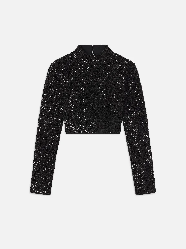 Women's Blouse with Square NeckCropped Sequin Top -- Black