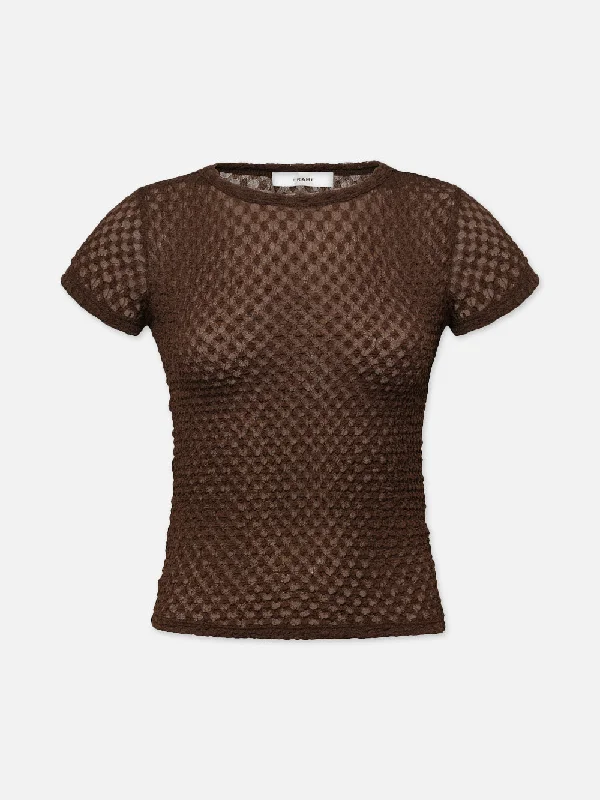 Women's Blouse with Sweetheart NeckMesh Lace Baby Tee -- Chocolate Brown