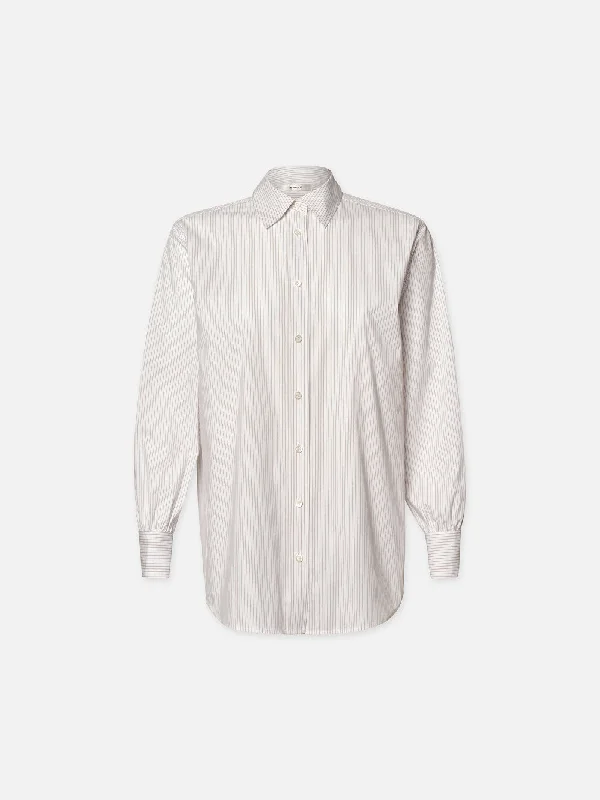 Women's Blouse with Collarless DesignThe Borrowed Shirt -- White Multi