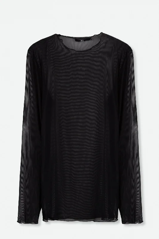 Women's Blouse for Special OccasionsBLACK MESH LONG SLEEVE HIGH CREWNECK