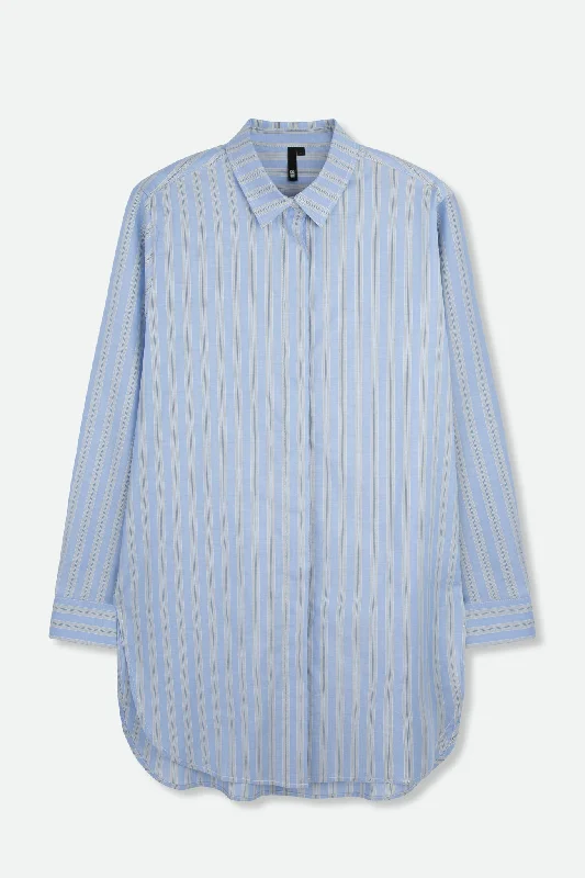 Women's Blouse with Collarless DesignPERFECT SHIRT WITH A LENGTHENED HEM IN ITALIAN COTTON LIGHT BLUE STRIPE