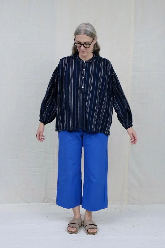 Women's Blouse with Keyhole CollarUQNATU Peasant Blouse - Indigo Awning Stripe