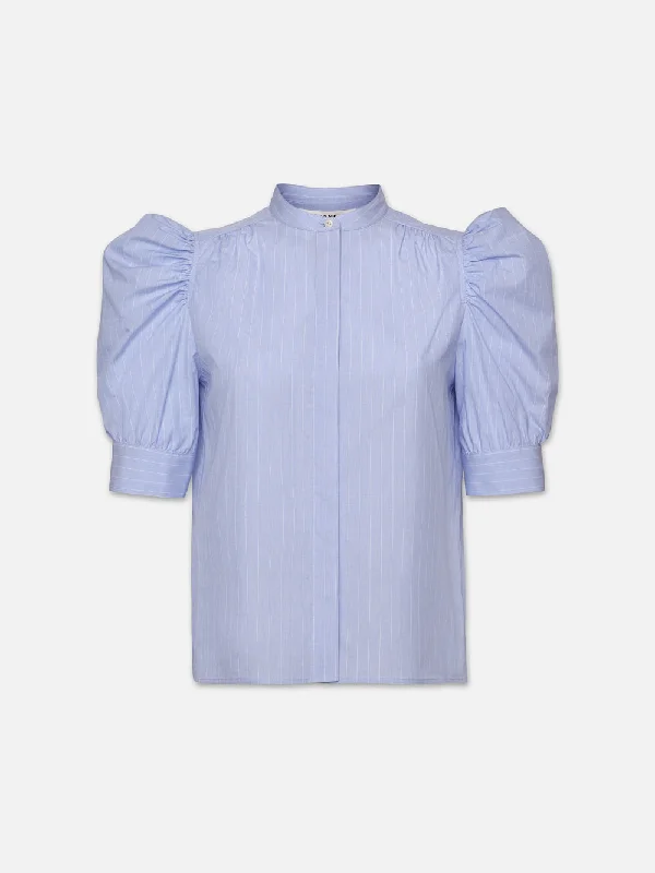 Women's Blouse with Mandarin CollarRuched Puff Sleeve Shirt -- Chambray Blue