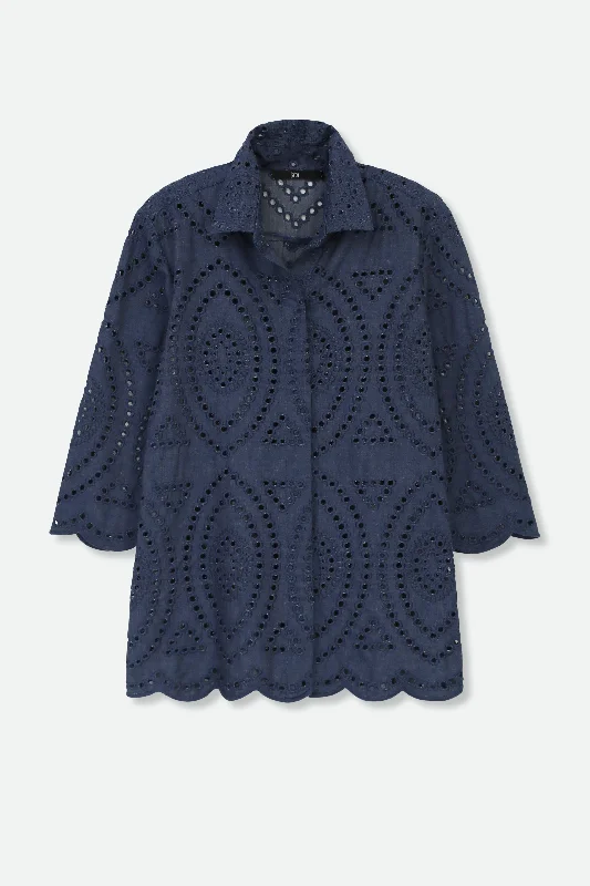 Women's Blouse with TasselsCESARE CAMP SHIRT ITALIAN DENIM EYELET