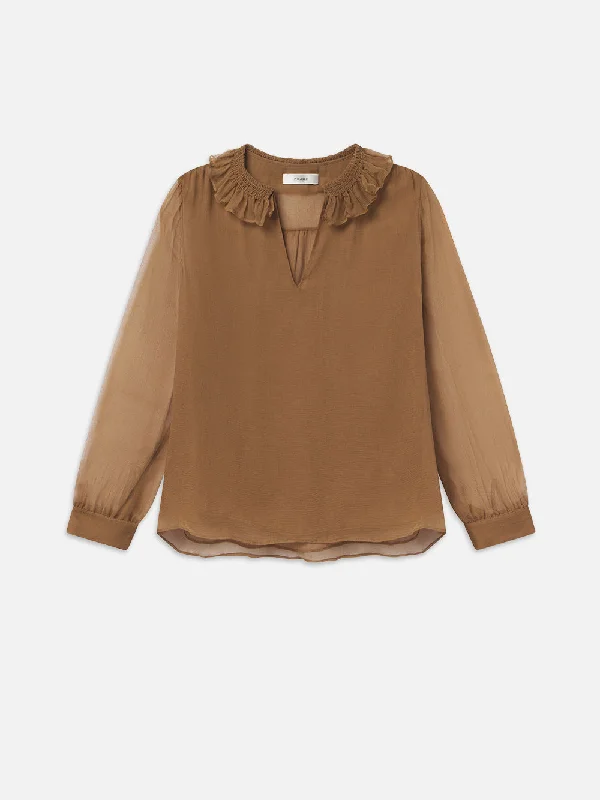 Women's Blouse with PeterShirred Ruffle Neck Blouse -- Camel