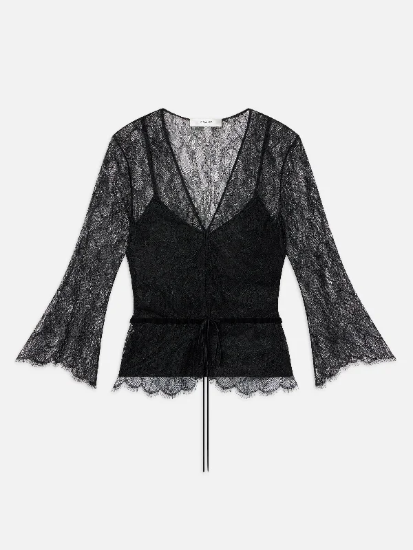 Women's Blouse with ShirringLace V-Neck Blouse -- Black