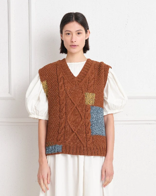 Women's Blouse for BusinessCable Knit Vest - Brown Darn-Knit