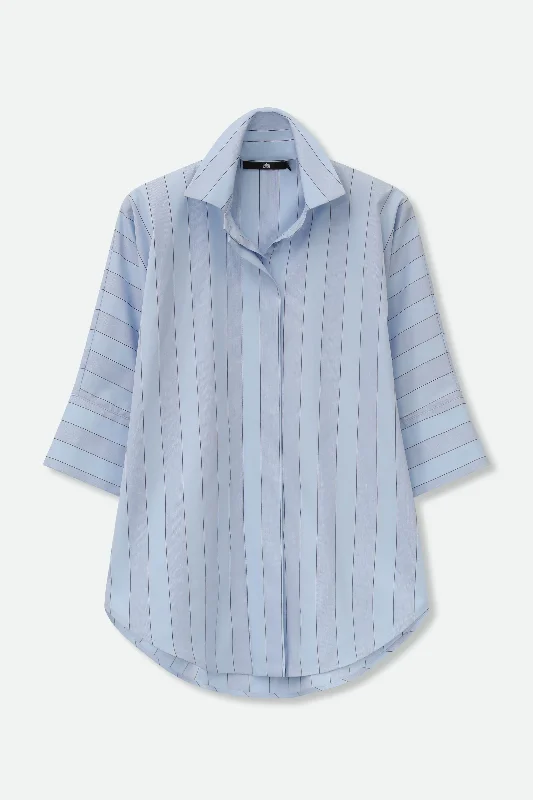 Women's Blouse with ShirringSAHANA DOLMAN SHIRT IN ITALIAN COTTON BLUE STRIPE | HOLD FOR SPRING '25