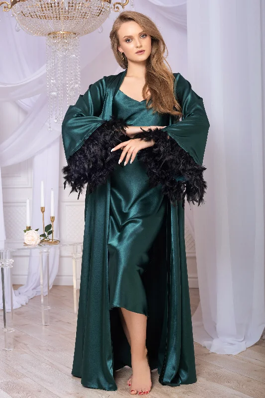 women's pajamas with cozy footiesFeather-trim Peignoir set: Nightgown & Robe Dark green