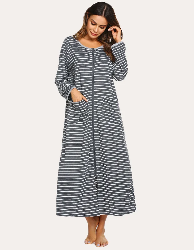 women's pajamas for a relaxing weekendEkouaer Striped Zipper Nightdress (US Only)