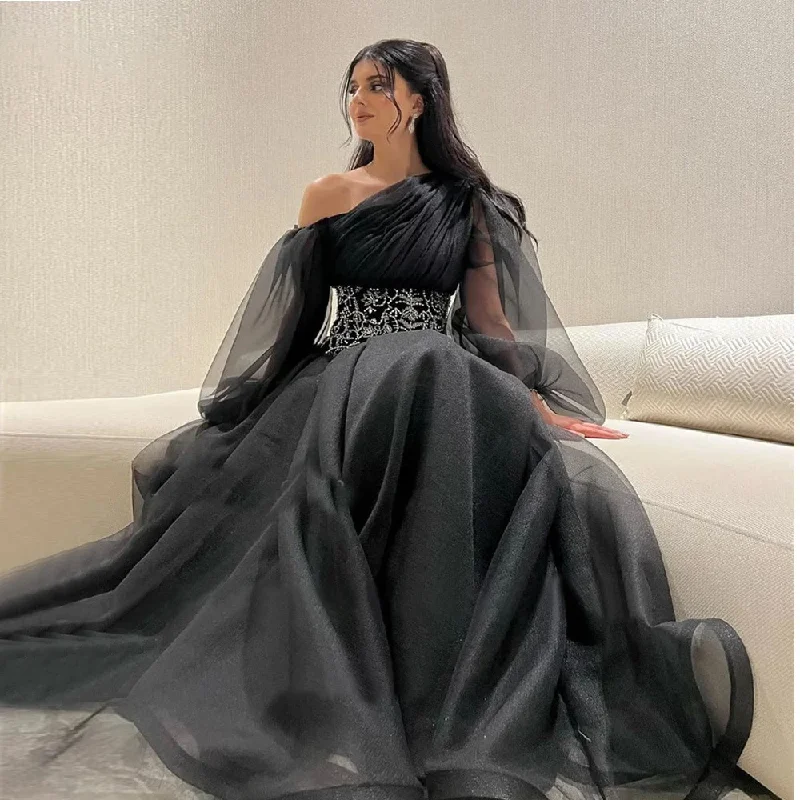 Women's Racerback DressesModern Dubai Arabic Women Black Evening Dresses Organza Puff Long Sleeves Crystal Belt Prom Gowns Formal Party Gown