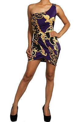 Women's Midi DressesSexy Club Dress Purple Royal Ancient Print One Shoulder Side Jewel Tank Mini