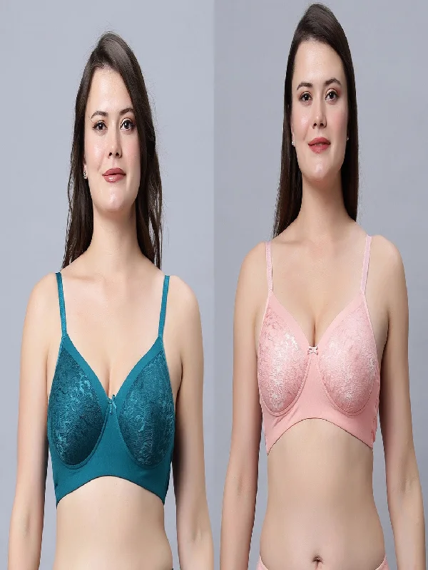 seamless underwire braMedium Coverage Padded Lace Blueand Peach color Bra (Pack of 2)