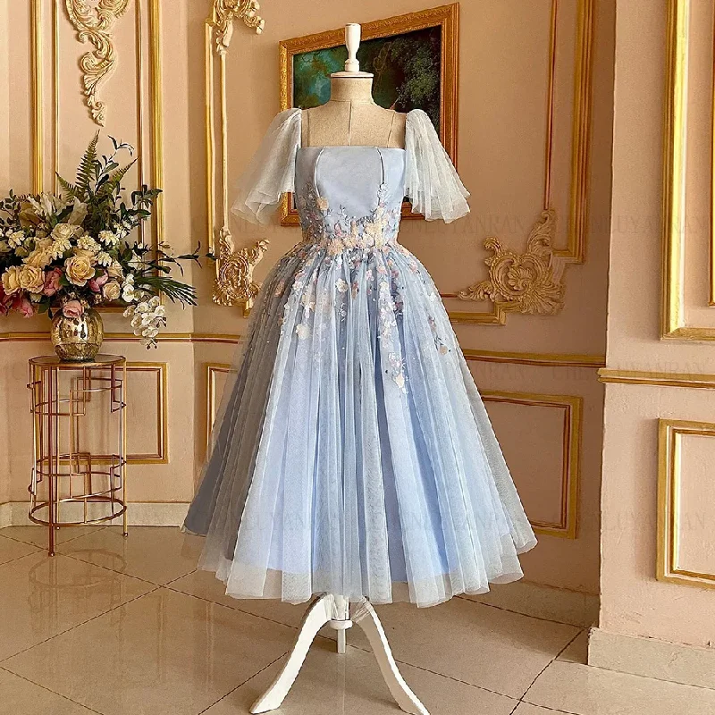 Women's Cap-Sleeve DressesSky Blue A-line Formal Occasion Dresses 2024 Applique Elegant Party Dress Tea-Length Lace Up Evening Gowns فساتين مناسبة رسمية