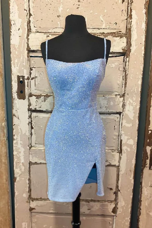 Women's Fit and Flare DressesBeaded Light Blue Bodycon Party Dress with Slitgh1193