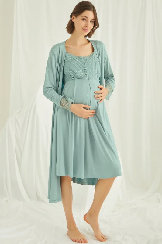 women's pajamas with a touch of luxuryShopymommy 18467 Lace Maternity & Nursing Nightgown With Robe Set Green