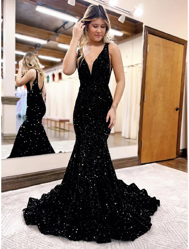 Women's Sweetheart-Neck DressesMermaid / Trumpet Prom Dresses Sparkle & Shine Dress Formal Wedding Party Court Train Sleeveless V Neck Sequined Backless with Sequin