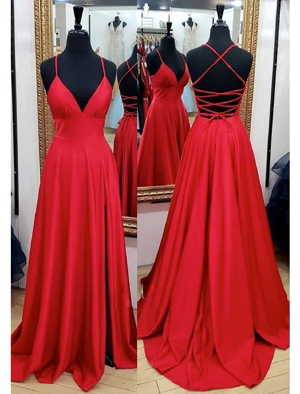 Women's Long-Sleeve DressesA-Line Prom Dresses Empire Dress Formal Wedding Party Court Train Sleeveless V Neck Charmeuse Backless with Pleats Slit