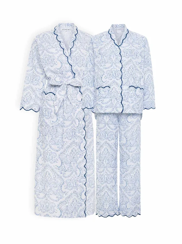 women's pajamas with a fitted designBlue Paisley Bundle: Classic Robe + Pajamas