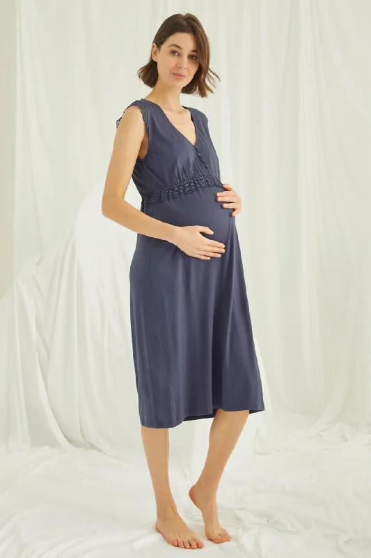 women's pajamas with a sophisticated eleganceShopymommy 18448 Lace V-Neck Maternity & Nursing Nightgown Navy Blue