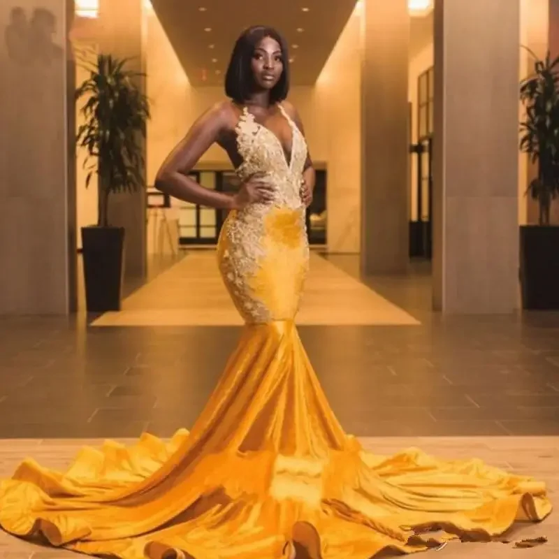 Women's V-Neck DressesGougeous Yellow Velvet Long Train Mermaid African Prom Dresses Backless Beads Black Girl Party Gown Plus Size Long Evening Dress