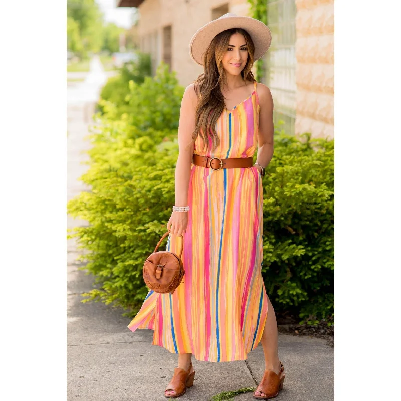 Women's Jumpsuits with U-Shaped CollarMulti Color Striped Thin Strapped Maxi