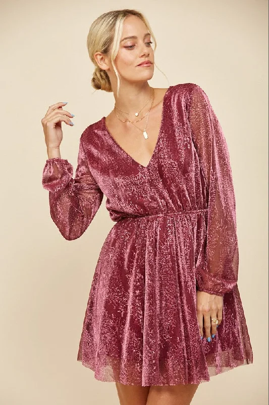 Women's Shawl Collar DressesWine Metallic Sparkling Mesh Long Sleeve Cocktail Holiday Party Mini Dress