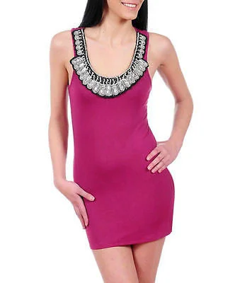 Women's One-Shoulder DressesDress Mini Beaded Jewel Scoop Neckline Magenta Stretch Bodycon Sexy