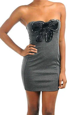 Women's Boat-Neck DressesDress Sequin Bow Strapless Gray Rosette Cocktail Mini Party Tube Woman