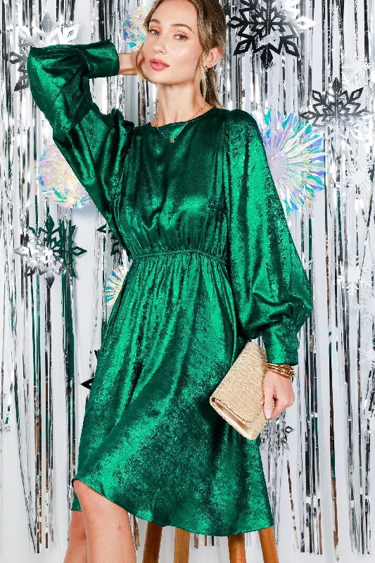 Women's Low Collar DressesHunter Green Metallic Holiday Puff Long Sleeve Foil Cocktail Party Mini Dress