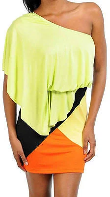 Women's Sweetheart Collar DressesDress Sexy Casual Club Lime Green One Shoulder Draped Color Block Mini