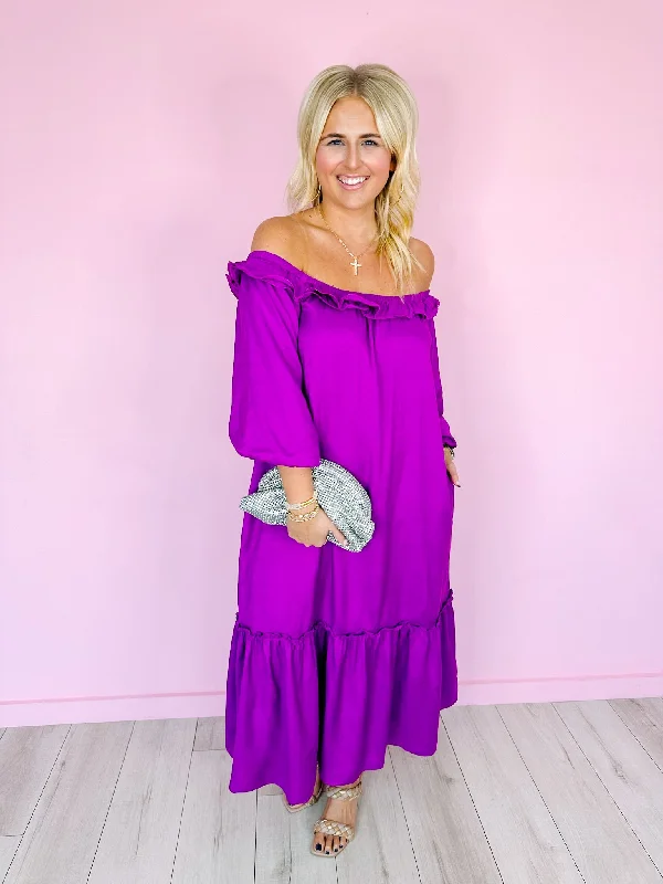 Women's V-Shaped Collar DressesWHIRL AROUND RUFFLE MIDI DRESS - ORCHID