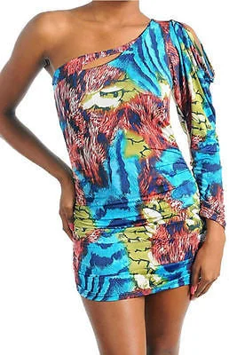 Women's Shawl Collar DressesDress Mini One Shoulder Keyhole Abstract Animal Printed Stretch Club Sexy