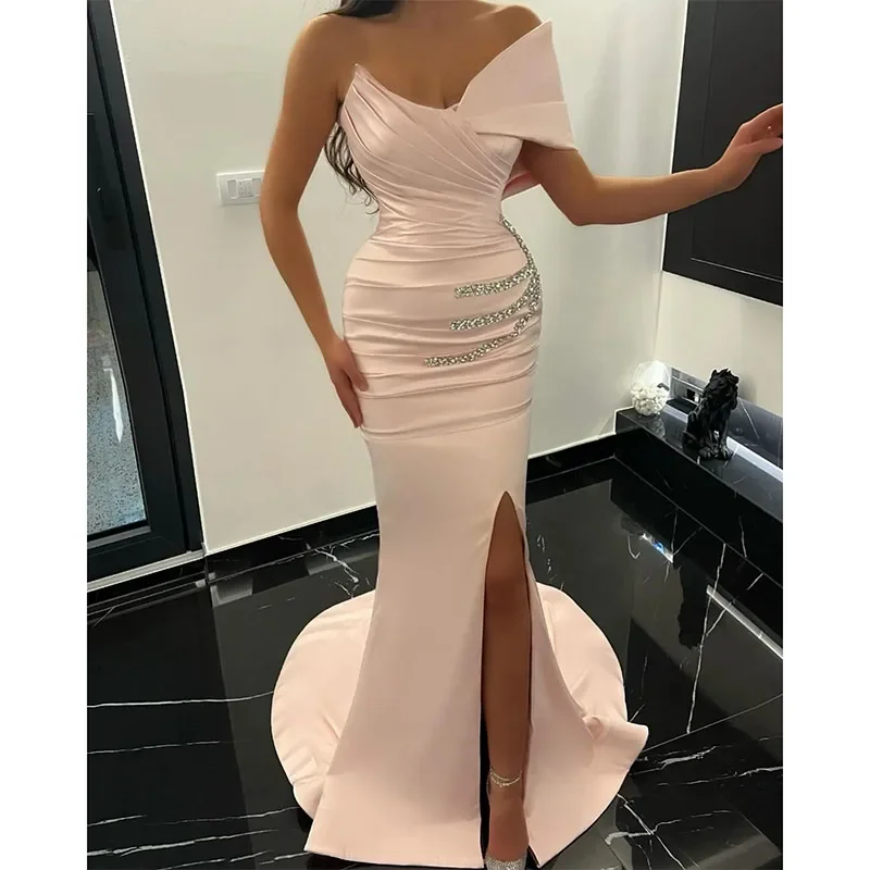 Women's U-Back DressesLight Pink Mermaid Prom Dresses Beads Waist Evening Dress Pleats Formal Long Special Occasion Split Party Dress