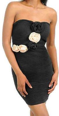 Women's Wrap DressesDress Cocktail Mini Black Rose Rosette Strapless Formal Textured Ribbed