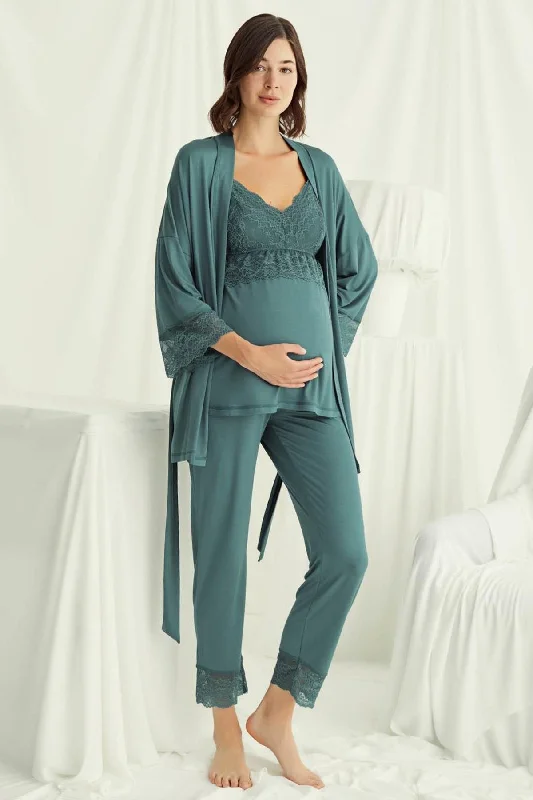 women's pajamas with a playful printShopymommy 18523 Lace Strappy 3-Pieces Maternity & Nursing Pajamas With Robe Green