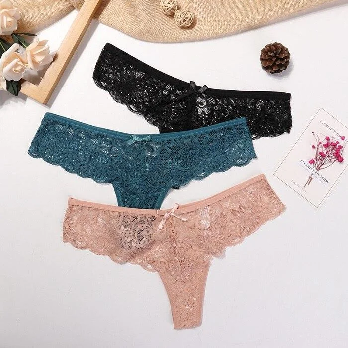 stretch lace panties with a sheer overlay and high-cut legs for a seductive flairLacy thong 3 pieces set