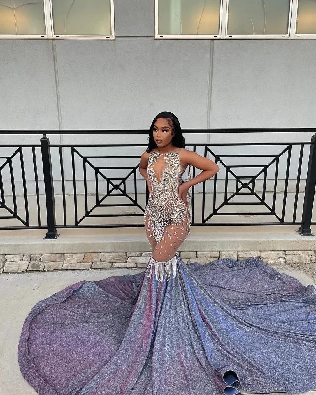 Women's Mini DressesLilac Sparkly Diamond Long Prom Dresses For Black Girls Sequins Birthday Party Dresses African Mermaid Evening Gown Robe De