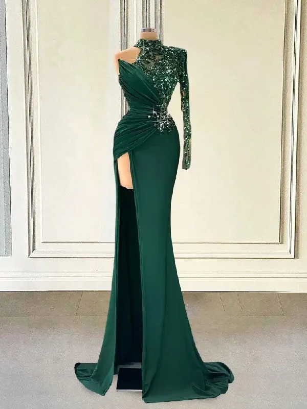 Women's Peter Pan Collar DressesGreen Mermaid High Neck One Shoulder Sleeve Evening Dress High Neck Sequin Beaded High Split Porm Dresses for Graduation Party