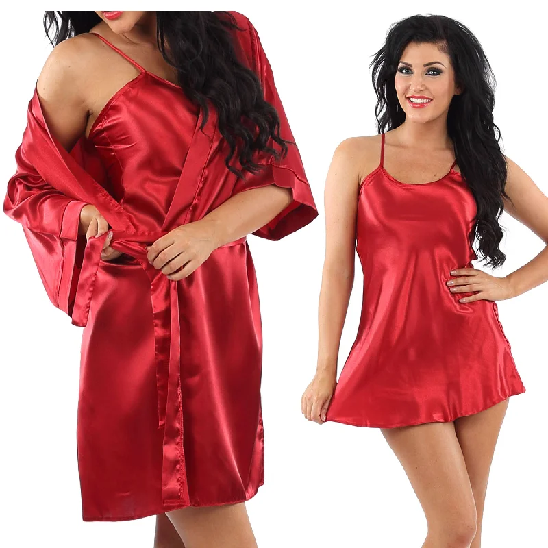 women's pajamas for those who appreciate soft, breathable fabricsMatching Plain Red Sexy Satin Chemise and Wrap Set Negligee Lingerie