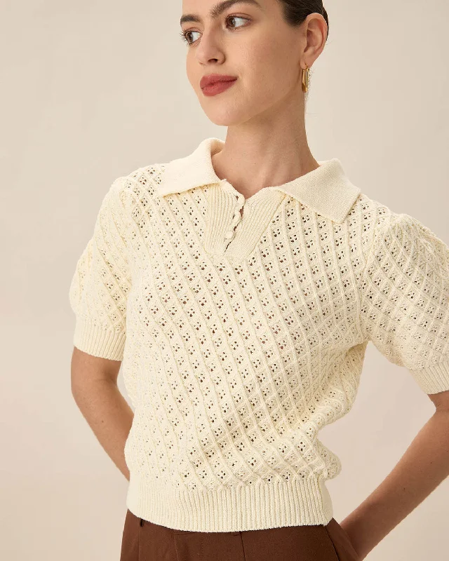 Women's Breathable ShortsBeige Knit Short Sleeve Blouse