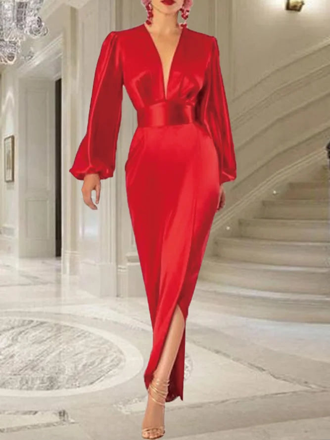 Women's Square-Neck DressesChristmas Party Dress Red Deep V Neck Long Sleeves Satin Waist Atmosphere Dress