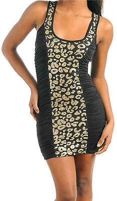 Women's Boat-Back DressesDress Sequin Leopard Mini Gold Matte Animal Ruched Tank Sexy Club