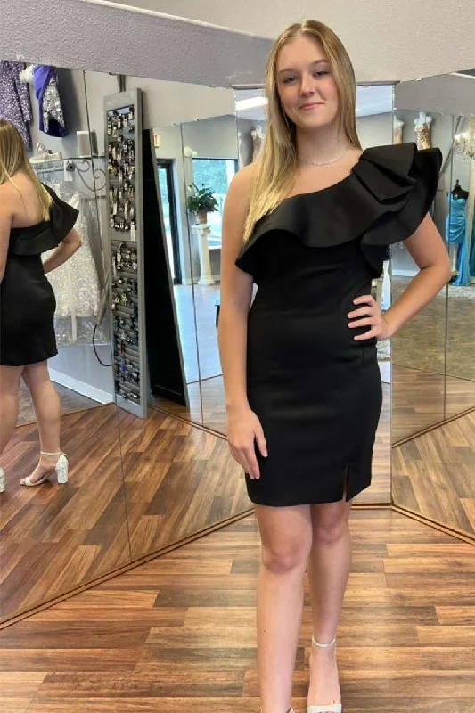 Women's Collarless DressesBlack One-Shoulder Ruffles Bodycon Short Dress gh1266