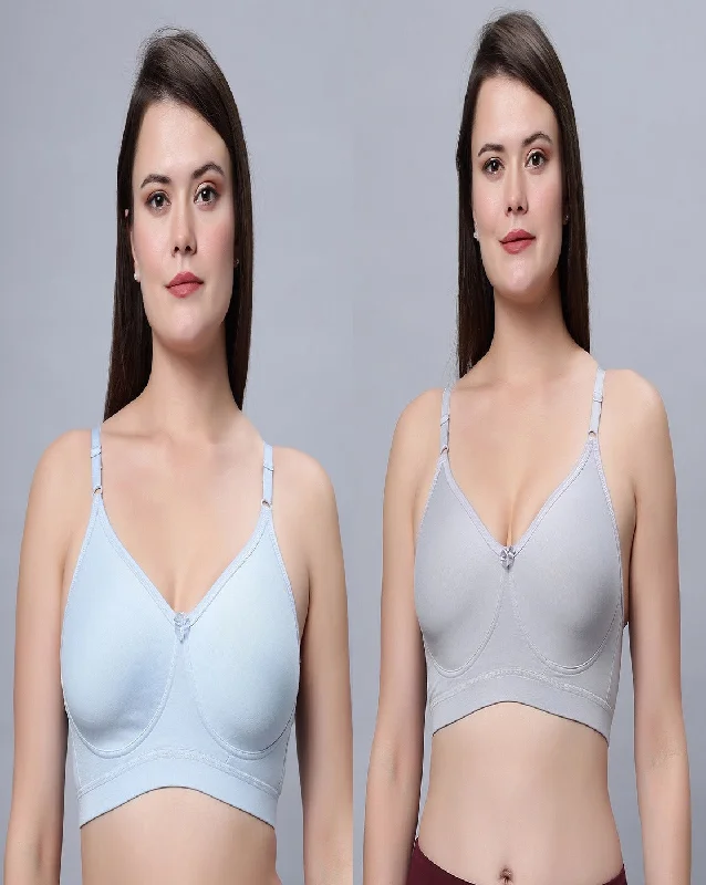 lace appliqué braFull Coverage Non Padded Sky Blue and Grey Bra (Pack of 2)