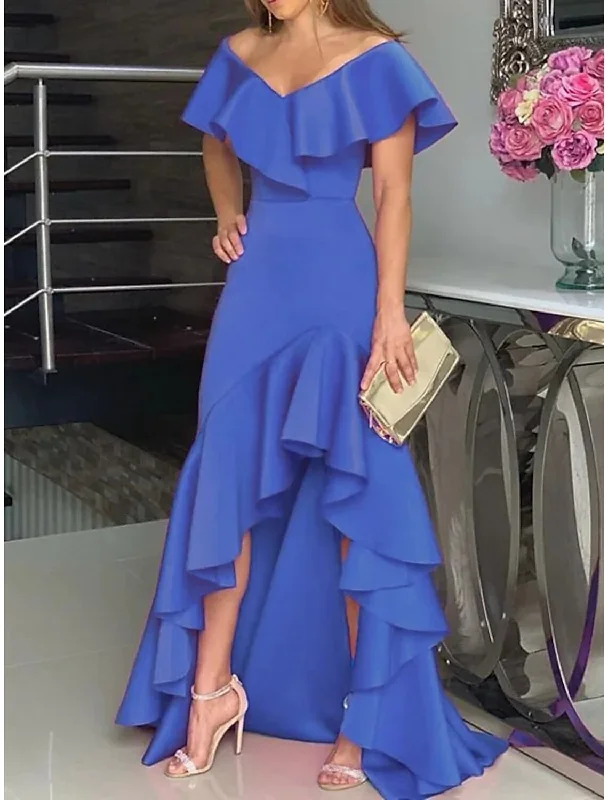 Women's Asymmetrical DressesA-Line Wedding Guest Dresses Minimalist Dress Wedding Party Semi Formal Asymmetrical Sleeveless V Neck Satin with Ruffles Slit