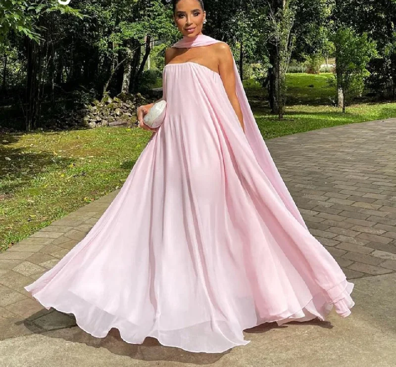 Women's Low Collar DressesSimple Pink Strapless A Line Evening Dresses With Scraf Chiffon Holiday Gowns Floor Length Dinner Party Dress For Women