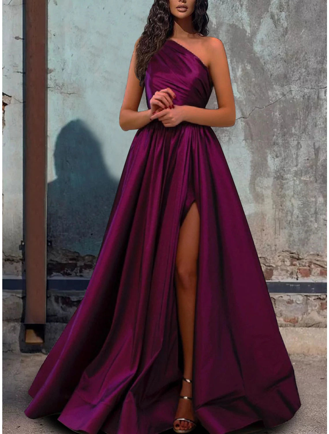 Women's Empire Waist DressesA-Line Minimalist Elegant Engagement Formal Evening Birthday Dress One Shoulder Sleeveless Floor Length Satin with Pleats Slit