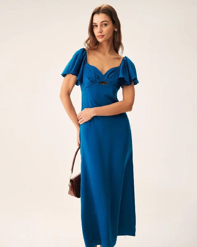 Women's Cozy ShortsBlue Satin Sweetheart Neck Maxi Dress