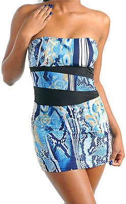 Women's Shirt Collar DressesDress Mini Sexy Stretch Strapless Blue Animal Snake Printed Club